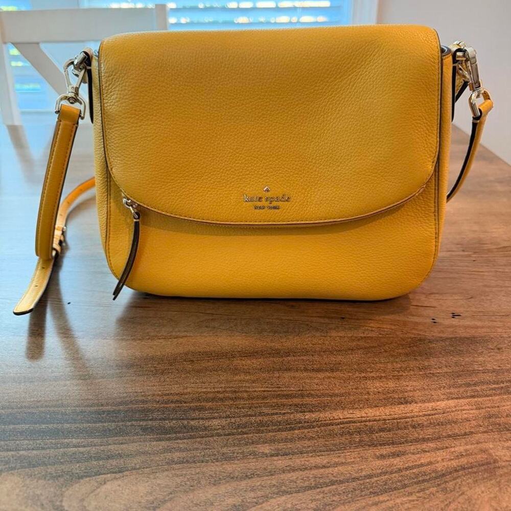 Kate Spade Leila Medium Flap Shoulder Bag Pebbled Leather Yellow Crossbody